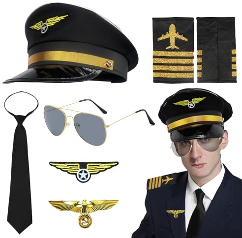 YOUYIKE Pilot Kapitän Kostüm Zubehör, 7 Stück Pilot Kostüm Kit mit Pilotenmütze, Schulterklappen Streifen, Abzeichen, Medaille, Sonnenbrille, Krawatte, für Erwachsene Männer Fasching Karneval Party