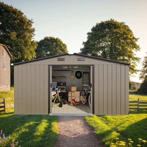 10x12 FT Extra Large Outdoor Metal Storage Shed Heavy-Duty Garden Tool Shed with Lockable Doors Air Vents & Sloped Roof Weatherproof Backyard Storage House for Bikes Lawn Mower Tools