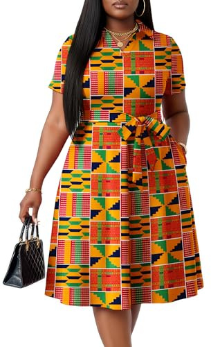 FANDEE Plus Size Summer Dresses - V Neck Casual African Kente Print Party A-Line Shirt Midi Dress for Curvy Women, Orange 3XL