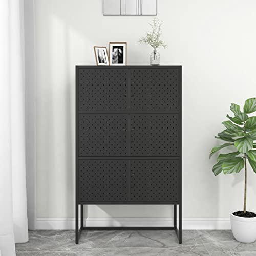 Zeehear Meuble haut noir 80 x 35 x 135 cm en acier, armoire polyvalente avec portes, pieds, espace de rangement robuste pour salon, bureau, couloir