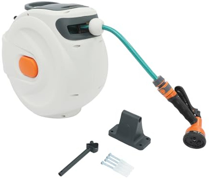 ROGONPDK Avvolgitubo montato a parete, 20 m, avvolgitubo automatico da giardino, avvolgitore automatico con bocchetta per valvola regolabile, avvolgitubo dell'acqua