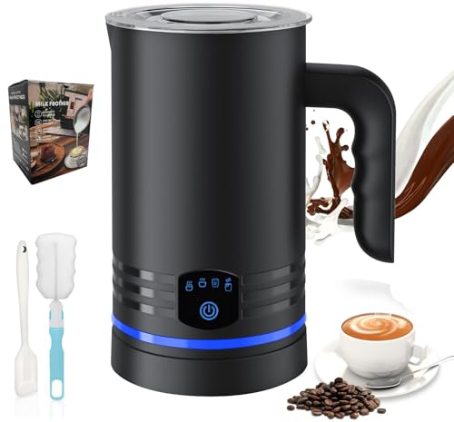 Espumador de Leche Eléctrico 4 en 1,600W Espumador Automático para Leche Caliente y Fría,430ML,Apagado Automático,Revestimiento Antiadherente,Silencioso,Capuchinos,Macchiato,Chocolate Caliente (Negro)