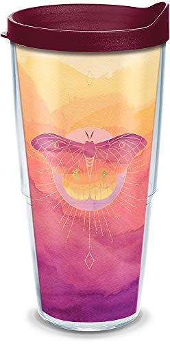 Tervis Moth Made in USA Double Walled Insulated Tumbler Travel Cup Keeps Drinks Cold & Hot, 24oz - Maroon Lid, Clear