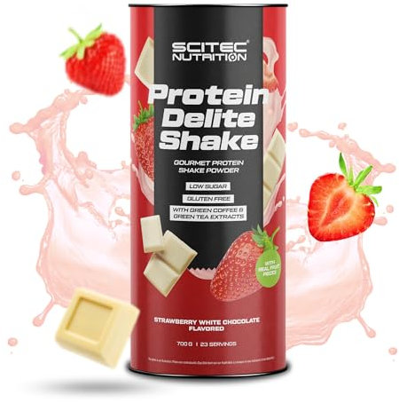 Scitec Nutrition Protein Delite Shake Bevanda proteica aromatizzata in polvere con pezzi di fragola liofilizzata, L-carnitina, estratto di caffè verde, 700 g, Cioccolato bianco alla fragola