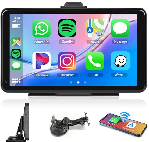 Wireless Carplay Screen Portable Car Stereo Android Auto Screen, Rimoody 7 Inch Touch Screen Portable Car play Bluetooth FM Transmitter Mirror Link Voice control AUX Cable