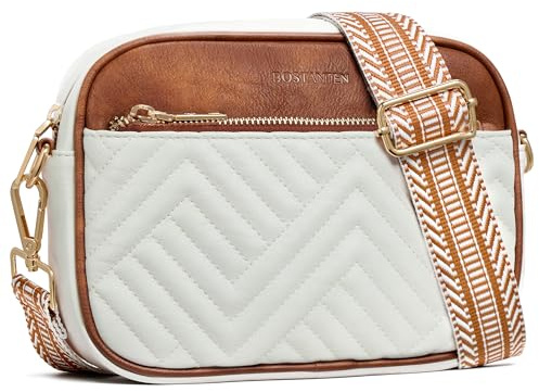 BOSTANTEN Quilted Crossbody Bags for Women Vegan Leather Purses Small Shoulder Handbags with Wide Strap Beige with Brown