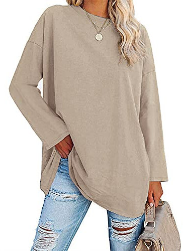 Ebifin Oversize Langarmshirt Damen Longshirt Rundhalsausschnitt Oberteil Langarm T Shirts Pullover Basic Tunika Tee Tops.Khaki.XXL