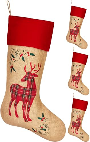 Brubaker 4X Calza di Natale da Riempire e Appendere - Calza di Babbo Natale Grande 52 cm in Juta - Calza Decorativa per Natale e San Nicola - Renna Rosso Quadretti