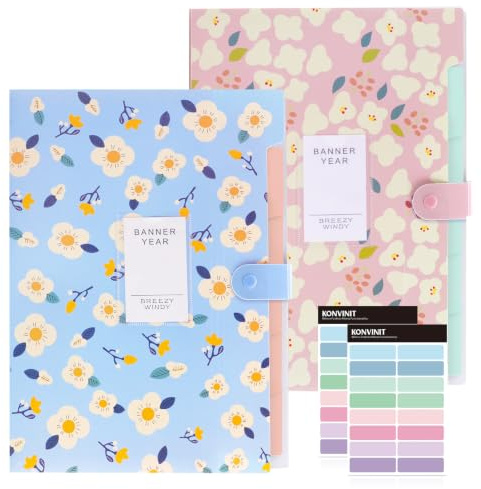 KONVINIT 2 Pack Carpeta Acordeón A4 Carpeta de Archivo Desplegable de 6 Bolsillos Archivador Acordeon Clasificadores Organizador de Documento de Acordeón Floral，Azul y Rosa