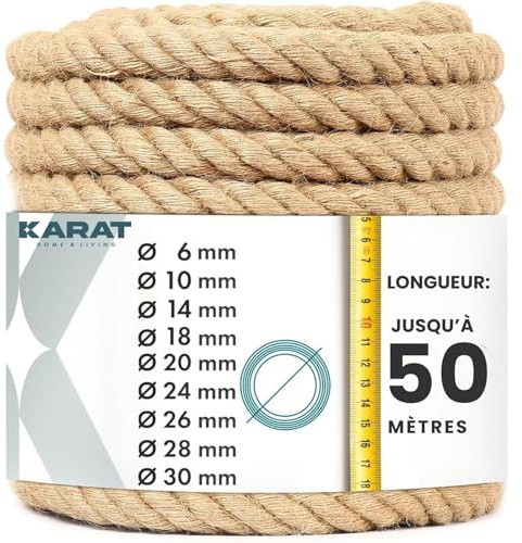 KARAT - Corde en Jute Torsadée - 100% Naturelle et Extra Solide - Idéale pour l'escalade, Le Sport, la Décoration de Jardin et Les Travaux Manuels - Diamètre 20mm, 20 Mètres