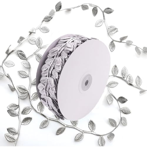 22 Yards Silver Leaf Ribbon, Artificial Leaf Ribbon Leaves Trim Rope Garland String for DIY Craft Party Wedding Home Decoration (Silver)
