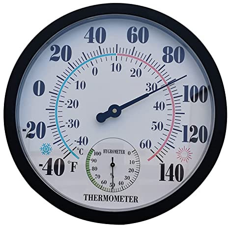 Fvoagaou Innen AußEn Thermometer, Garten, Wand, Terrasse, Wetter Thermometer, Hygrometer, GroßE Zahl, 25,4 Cm Durchmesser (Schwarz)