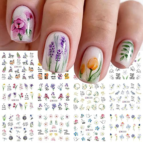 Flower Nail Art Stickers, Flower Nail Decals Water Transfer Nail Art Supplies Summer Lily Orchid Butterfly Small Floral Flowers Spring Nail Tattoo Stickers Accessories for Women Girls(12Sheets)