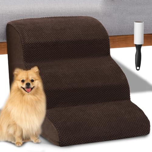 BAKAJI Échelle pour Animaux domestiques avec 3 marches et Rouleau, revêtement Amovible en Tissu côtelé, Rampe pour Chats et Chiens âgés, échelle Rembourrage Mousse Haute densité (Marron)