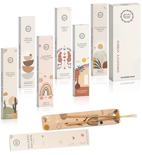 Raajsee Incense Sticks Organic Non Toxic - Pack of 6 Natural Inscents with Insence Holder -120 Sticks, Clean Burn, Boho Gift Set, Palo Santo & Sandalwood, Vanilla Musk, Rose, Green Tea, Lemon Grass