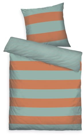 TOM TAILOR Renforcé-Bettwäsche, 80x80 cm + 135x200 cm, 100% Baumwolle/Renforcé, mit Wendemotiv und farbigem Markenreißverschluss, BOLD STRIPES Orange, Türkis (Warm Coral & Fresh Sage)