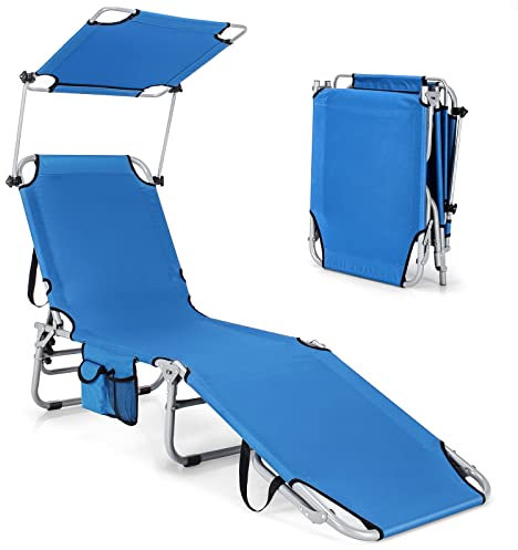 KOMFOTTEU Sole con parasole, sedia a sdraio, sedia reclinabile da spiaggia, schienale regolabile in 5 posizioni, lettino da piscina portatile, carico 150 kg164 x 56 x 32 cm (blu), WY09916BJDE-KF