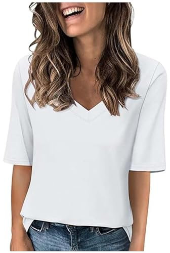 Camiseta Mujer Verano 2024 - Casual Media Manga Blanca de Cuello en Pico - Moda Color Sólido T-Shirt Informal Corte Suelto Multicolor