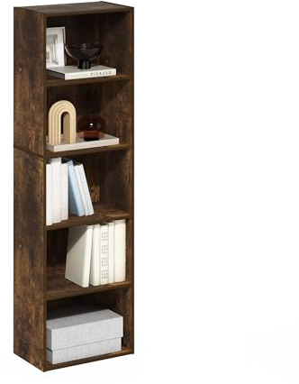 Furinno LUDER Book Shelf, 5-Tier Bookshelf, Bookcase with Open Shelves, 9.4 x 15.8 x 52, Easy Assembly, for Living Room, Bedroom, Home Office, Amber Pine