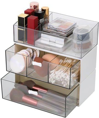 TranRantic 3 Stück Acryl Badezimmer Organizer, Kosmetik Organizer Set, Transparent Bad Schubladen Organizer, Schminktisch Organizer, Make Up Organizer für Kommode Bad (1 Fach+3 Fächer+Lippenstiftfach)