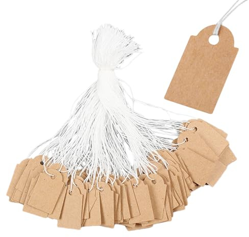 AUTUUCKEE 200pcs Jewellery Price Tags with String, Brown, 25 x 15mm