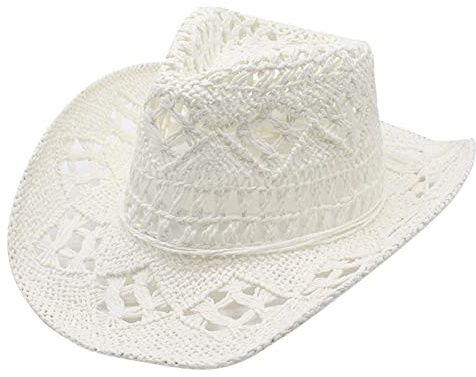 LOIJMK Kvinnor män western cowboyhatt formbar stråhatt ihålig solhatt cowboy kostymer kvinnor, Vit, one size