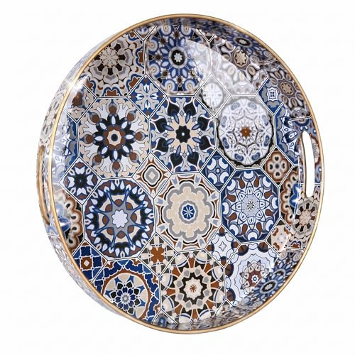 Heaven4you Round Serving Tray 33cm Mosaic Moroccan Gold Trim Handles Boho