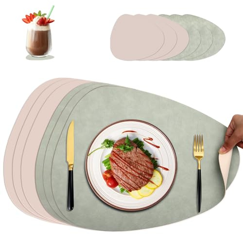 Torven Set de 6 Manteles Individuales Lavables Ovalados & Posavasos, Doble Cara Antideslizante Impermeables para Cocina, Comedor, Oficina (Verde Claro - Beige)