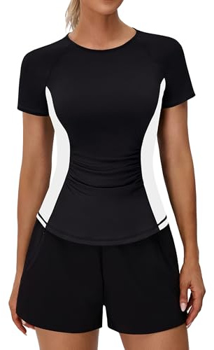 BMJL Womens Workout Tops Athletic Short Sleeve T Shirt Color Block Running Shirts Gym Clothes Summer Outfits Blouses(M,Black)