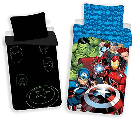 Jerry Fabrics - Set di biancheria da letto tema Avengers, luminosa al buio, dimensioni: 140 x 200 cm, 70 x 90 cm, in 100% cotone