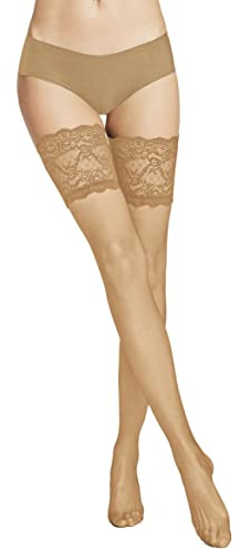 VENEZIANA NUOVA Bas Auto-Fixants Femme 20 Deniers – Bas en Dentelle Autoportants avec Bande Élastique sur la Cuisse, Finition Mate Nude Taille M