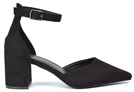 Womens Ankle Strap Low Mid Block Heels Ladies Mary Jane Pointed Toe Black Court Shoes Sandals Size 6