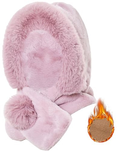 Rayson 2 in 1 Damen Wintermütze Kapuze Kapuzenschal Beanie Ohrschal Winddicht Kälteschutz Mütze Warme Winter Kapuzenschal Neckwarmer Set Schal mit Bommel Ski Ohrenklappe