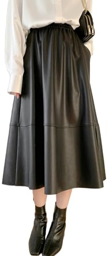 BWGHBH Women's Faux Leather Skirt Retro High Waisted Pleated Long A-line Midi Skirt with Pockets Black