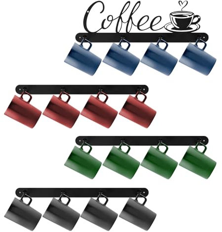 SITAKEGS Support Mural pour Tasses café, 4Pack Mural en métal Tasses café avec 4 Crochets, Organisateur de Rangement Multi-usages Crochets Muraux pour Tasses clés Manteaux Sacs pour Bar Cuisine Bureau