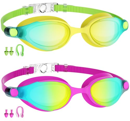 Swimming Goggles 2 Pack, Adult Goggles Swimming with Nose Clip & Earplugs, Anti Fog No Leaking Clear Vision Goggles Swimming for Adult Women (Yellow + Pink)