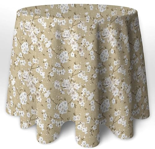 LaFábricadelasTelas - Falda o Ropa de Mesa Camilla Redonda Flores Almendro Beige y Gris. Primavera Verano Loneta Estampada algodón, Faldón Faldilla enagüilla 60-70-80-90-100 (Beige, 100 Redonda)