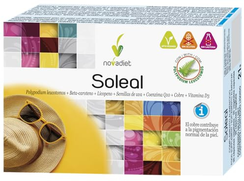 Novadiet - SOLEAL con Polypodium Leucotomos, Beta-caroteno, Licopeno, Semillas de Uva, Coenzima Q10, Cobre y Vitamina D3 - Complemento Alimenticio para el Cuidado y Protección de la Piel - 30 Cápsulas