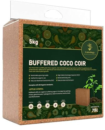 COIROLOGY Organic Buffered Coco Coir Block 5KG | Peat-Free Pre-Washed Compressed Coconut Fiber Growing Medium | Potting Compost Soil Mix for Seed Starting, House Plant Soil & Garden Beds (Pack of 1)