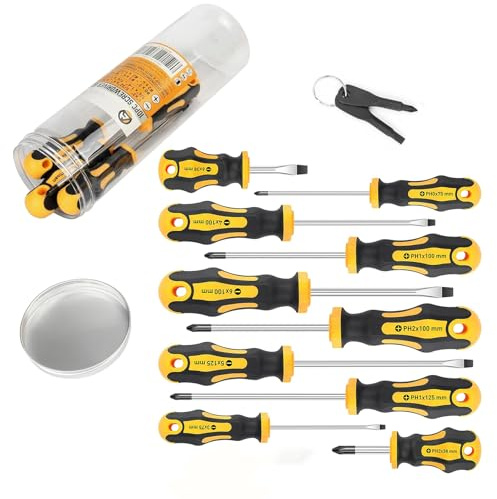 YUNYDSM Schraubendreher-Satz mit Fass,12-Teilig magnetischer Schraubenzieher-Set von Chrom-Vanadium-Stahl, 5 Kreuz- Und 5 Schlitz-Schraubendreher und 2 stücke mini tragbares Schraubendreher
