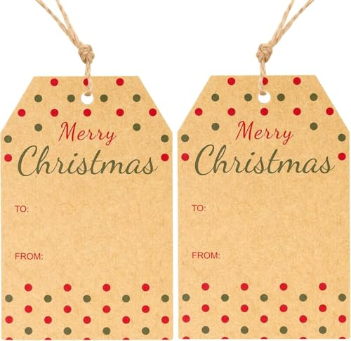 G2PLUS Etichette Regalo di Natale: 50PCS Etichette Buon Natale Rosse 8,5 x 5,5 cm con Scritta Dorata e 10m di Spago per Confezioni, Fai-da-te e Decorazioni Natalizie