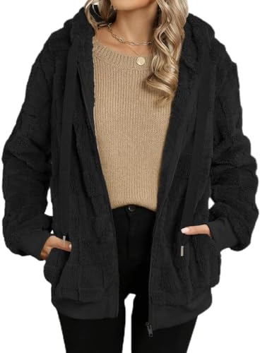 GRMLRPT Veste Polaire Femme Chaud Manteaux à Capuche Hiver Sweat Zippé pour Femme en Polaire Couleur Unie Leger Veste Fille(Noir,M)