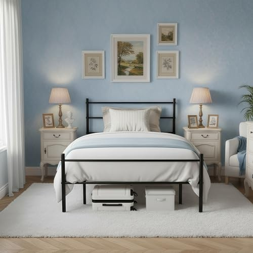 ZZINOKE Metallbett 90x190 cm, Einzelbett, mit Kopf und Fußteil, Stauraum unter Dem Bett, einfache Montage, schwarz