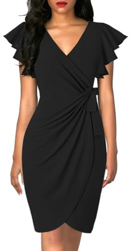 MISSJOY Women's Classic Ruffle Sleeve V-Neck Tie Belt Wrap Dress Bodycon Office Cocktail Party Nightout Dresses Black Medium Black Medium