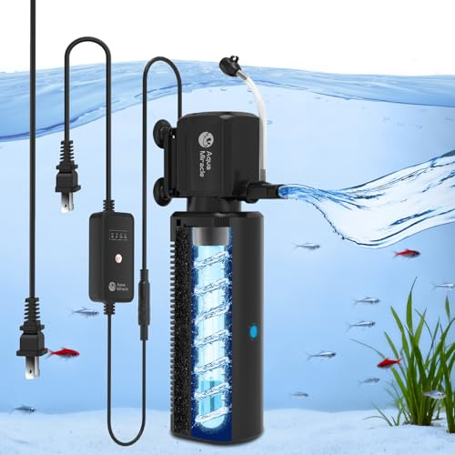 AquaMiracle Fish Tank Filter with Timer & Filter Sponge, 225GPH U - V Aquarium Filter with Aeration & Rainfall Modes, Effective Turtle Filter for Green Water Control (20-70 Gal Tank)
