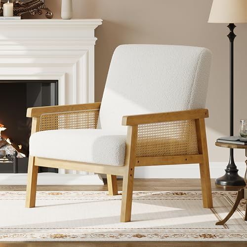 IDEALHOUSE Rattan Accent Chair with Wooden Frame and High Back, White