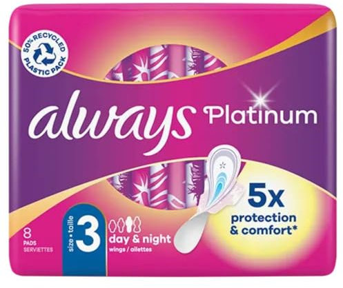Always Platinum Sanitary Towels Long Plus (Size 3) with Wings 8 Pads, Ultra Soft and Protective Topsheet, Light Scented