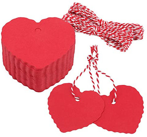 100pcs Etiquetas Regalo Etiquetas Kraft Corazón para San Valentín y Manualidades, con 20M Cordel Rojo y Blanco (rojo)