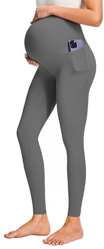 JOYSPELS Maternity Leggings Over The Belly with Pockets Non-See-Through Workout Pregnancy Leggings, Grey, M