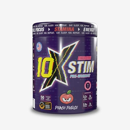 10X Athletic Stim Pre Workout Beta Alanine High Caffeine Creatine Sugar Free Vegan Low Calorie Various Flavours 600g 25/50 Servings (Peach Purge)